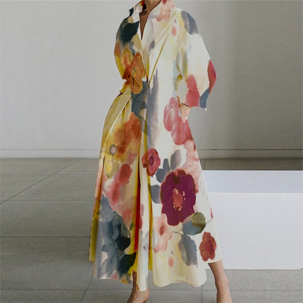 Trendy Balloon Sleeve Floral Print Maxi Dress