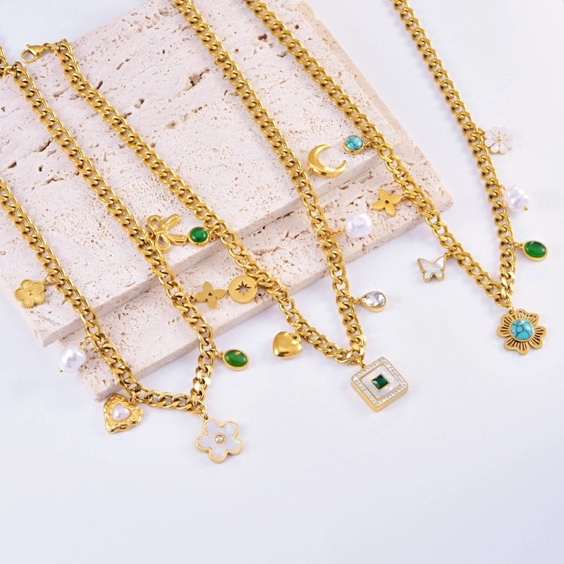 Bohemian Heart Shape Flower Titanium Steel Plating Pendant Necklace