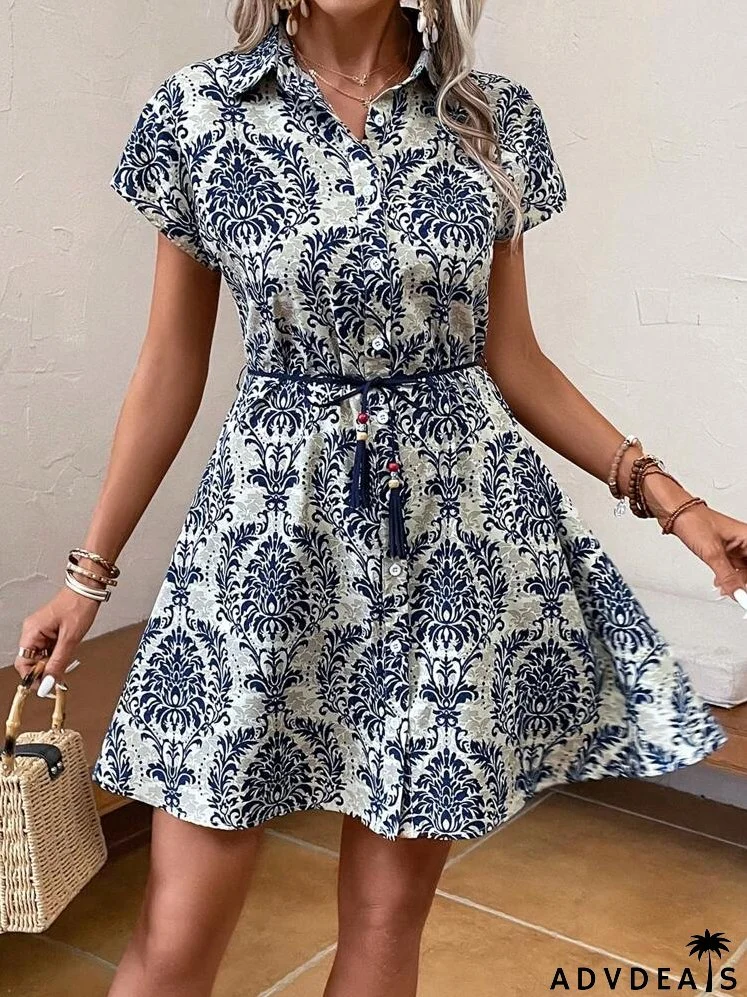 Allover Print Belted Shirt Dress
