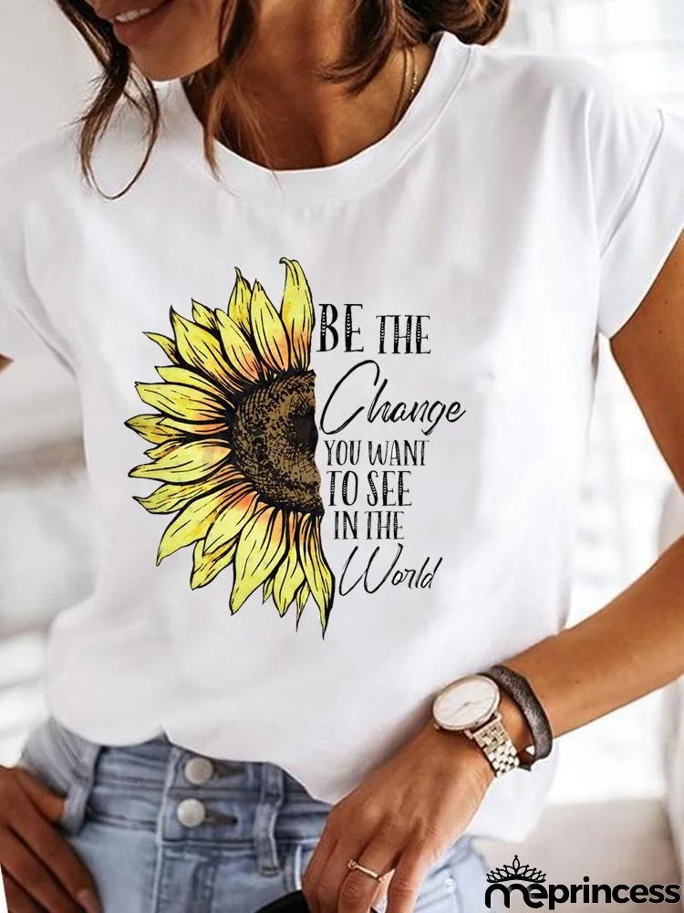 Women Fashion Base Letter Sunflower Cross Print Round Neck Short Sleeve T-Shirt