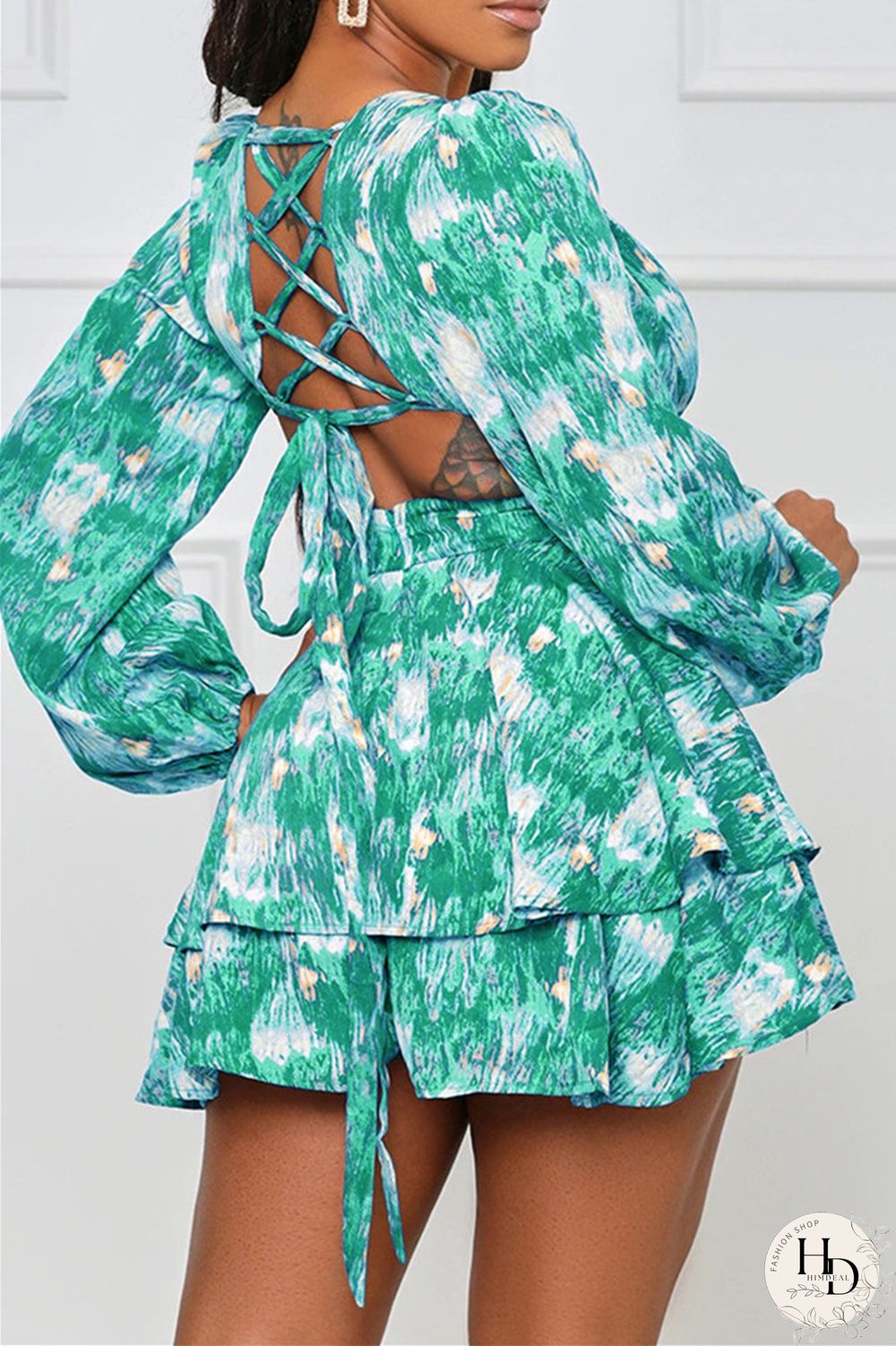 Purplish Blue Fashion Casual Print Hollowed Out V Neck Long Sleeve Dresses