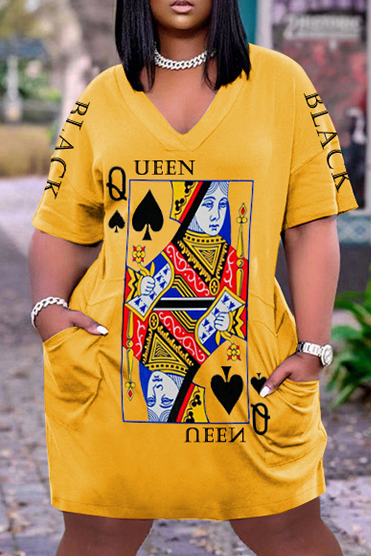 Xpluswear Plus Size Casual Poker Queen Print V Neck Short Sleeve With Pockets Midi Dress