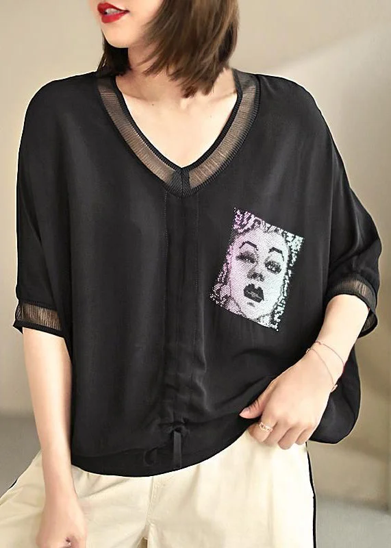 Loose Black V Neck Zircon Silk Cotton T Shirt Batwing Sleeve