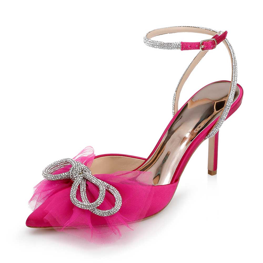Satin Pointed Toe Rhinestone Embellished Bow Pumps in Hot Pink Nicepairs
