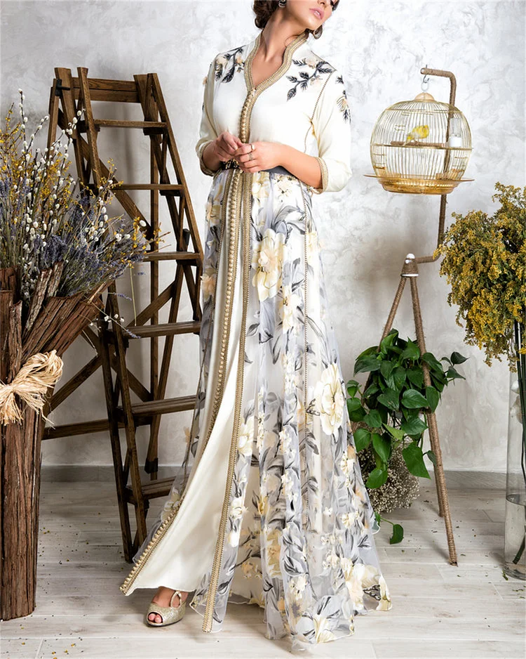 Elegant V-Neck Mesh Print Kaftan Dress
