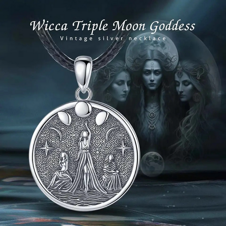 Wicca Triple Moon Goddess Necklace Circular Pendant Necklace Vintage Punk Charm Jewelry Necklace Accessories For Women Girls Gift VangoghDress