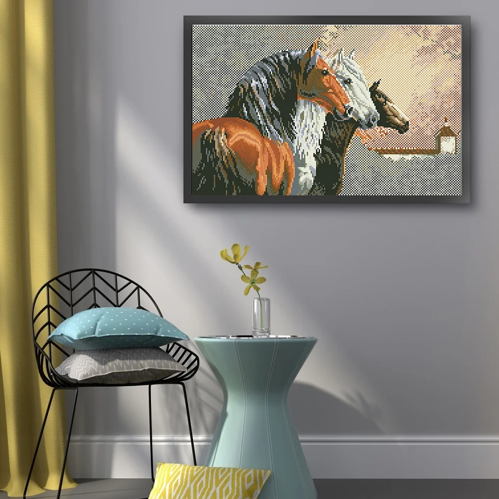 9CT Full Stamped Cross Stitch Bead Embroidery- Horse(Canvas|58*38CM)