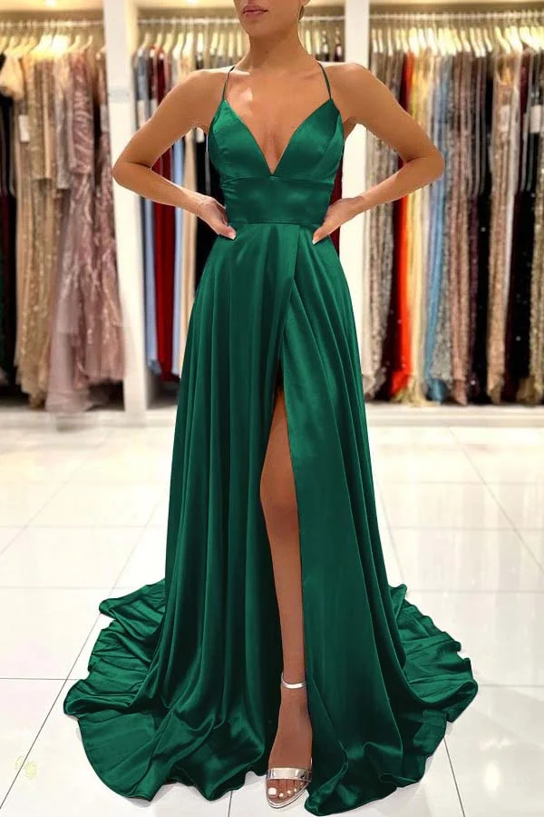 Miabel Shining Spaghetti Straps Sweetheart A Line Split Prom Dress