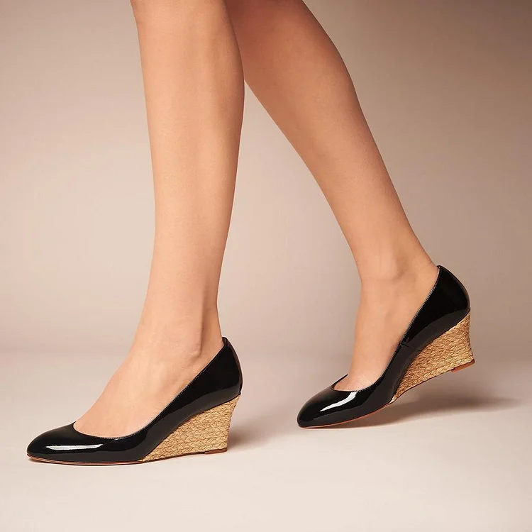 Women's Black Round Toe Wedges Heels Patent Leather Pumps |FSJ Shoes
