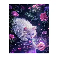 Moonlit Pond White Cat - Pearls Painting