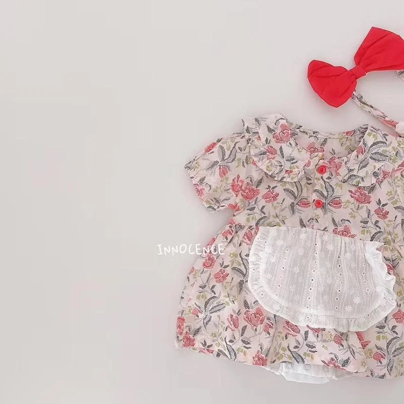 Baby Girls Flower Rompers 2020 Newborn Shorts Sleeve Clothing + Hair Band Toddlers Kids Jumpsuits Korean Style Infants Clothes