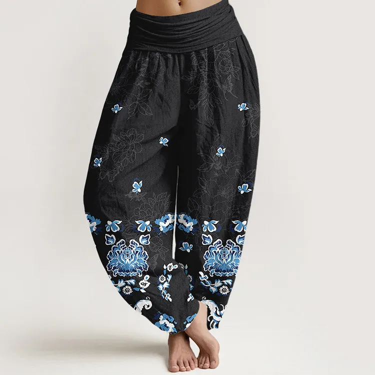 Cotton Elegant Classic Flower Butterfly Pattern Women's Elastic Waist Harem Pants