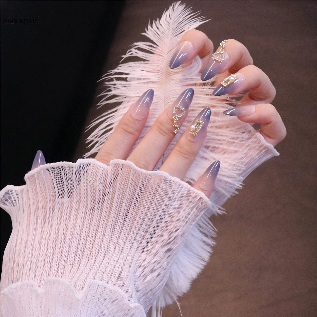 24pcs decorated false nails Blue Gradient Flower with Diamond Wear Long Paragraph Fashion Manicure Patch Wearable Patch TY