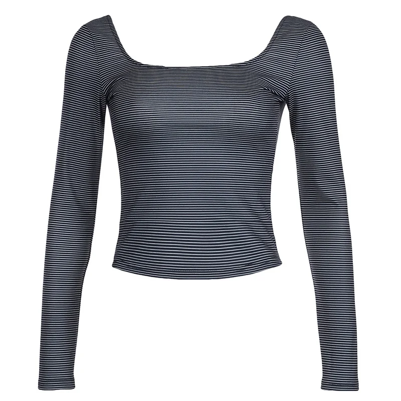 Ueong Street Retro Style Ins Spice Girl Striped Square Neckline, Slim Back And Thin Striped T-Shirt Women's Long Sleeves Trend