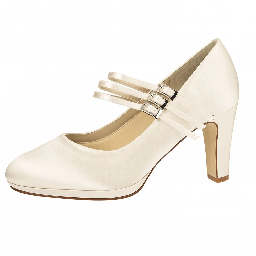 Women's Royal White  Satin Mary Jane Shoes Platform Chunky Heels Pumps