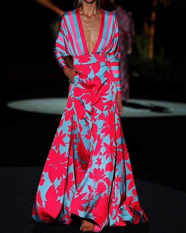 Elegant V-neck Printed Maxi Dress