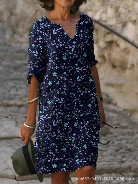 Women Half Sleeve V-neck Solid Color Dress