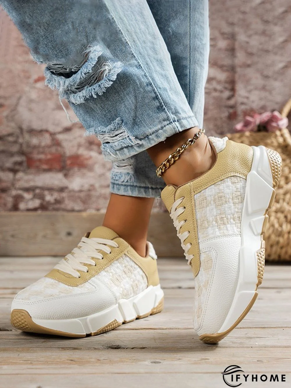 Plus Size Color Block Paneled Lace-Up Casual Sneakers | IFYHOME