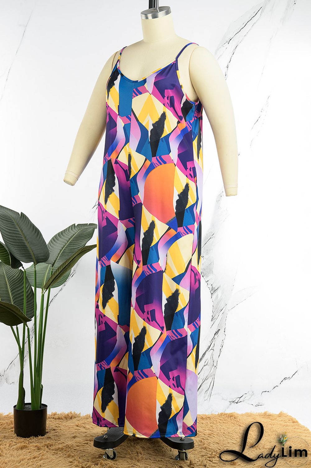 Black White Casual Street Print Spaghetti Strap Loose Jumpsuits