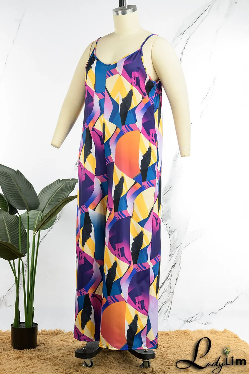 Black White Casual Street Print Spaghetti Strap Loose Jumpsuits