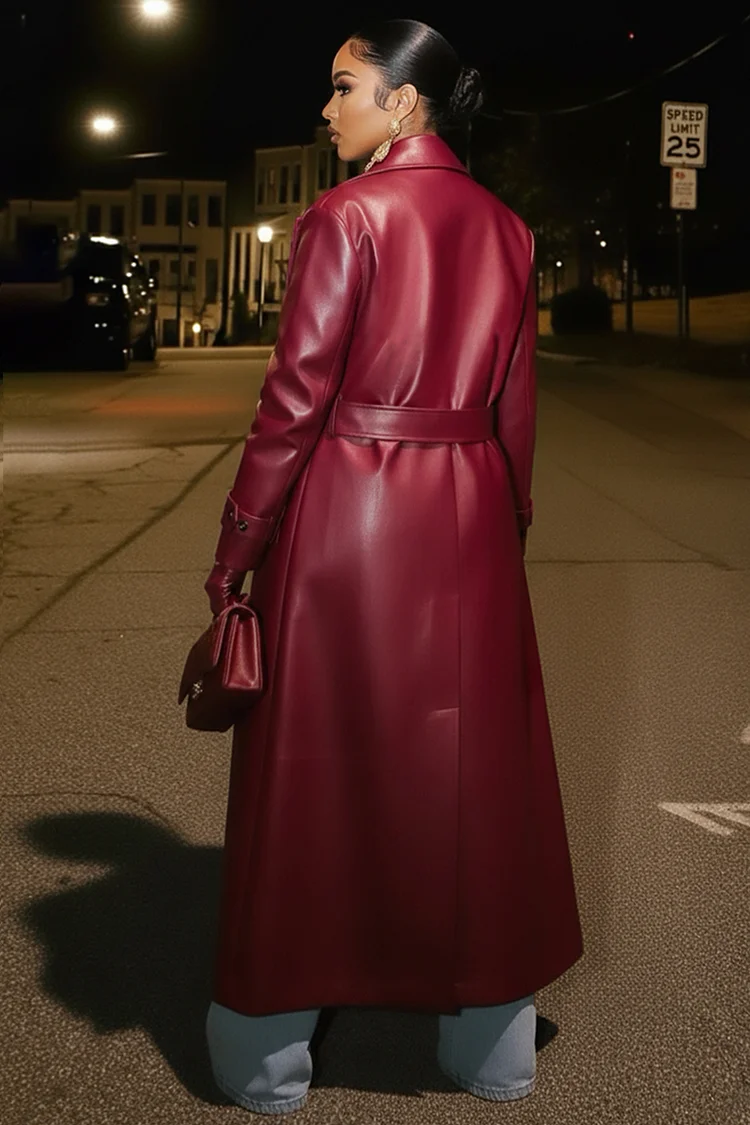Peak Lapel Collar Front Opened PU Leather Long Coat-Red