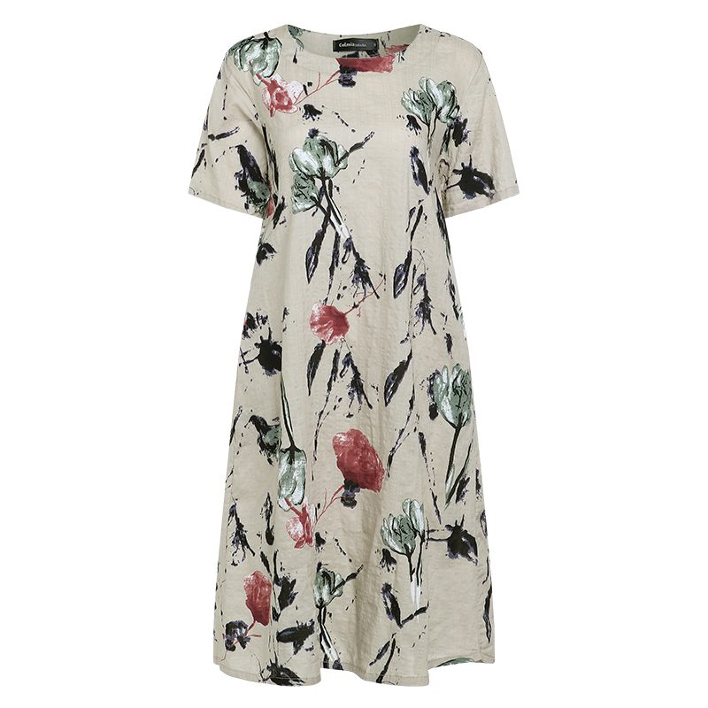 Bohemian Summer Dress Vintage Women Short Sleeve Elegant Floral Print Midi Sundress