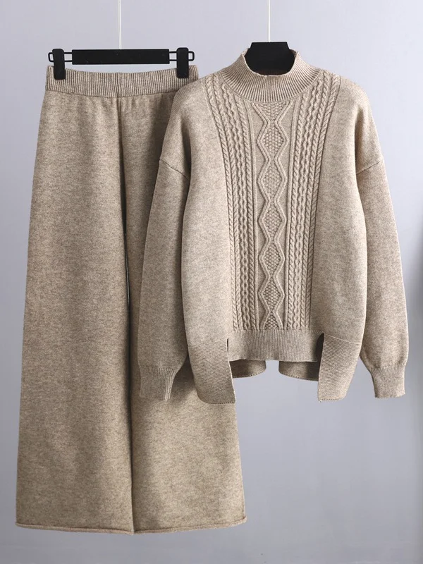 Urban Roomy Split-Side Half Turtleneck Sweater Tops& Wide Leg Pants Two Pieces Set