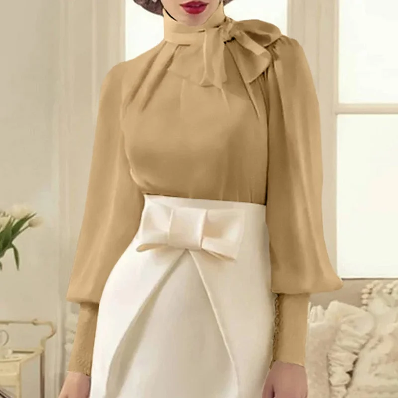 Celmia Fashion Women Party Blouse Long Lantern Sleeve Shirt 2022 Autumn Bow Tie Elegant Office Ladies Top Tunic Blusas Femininas