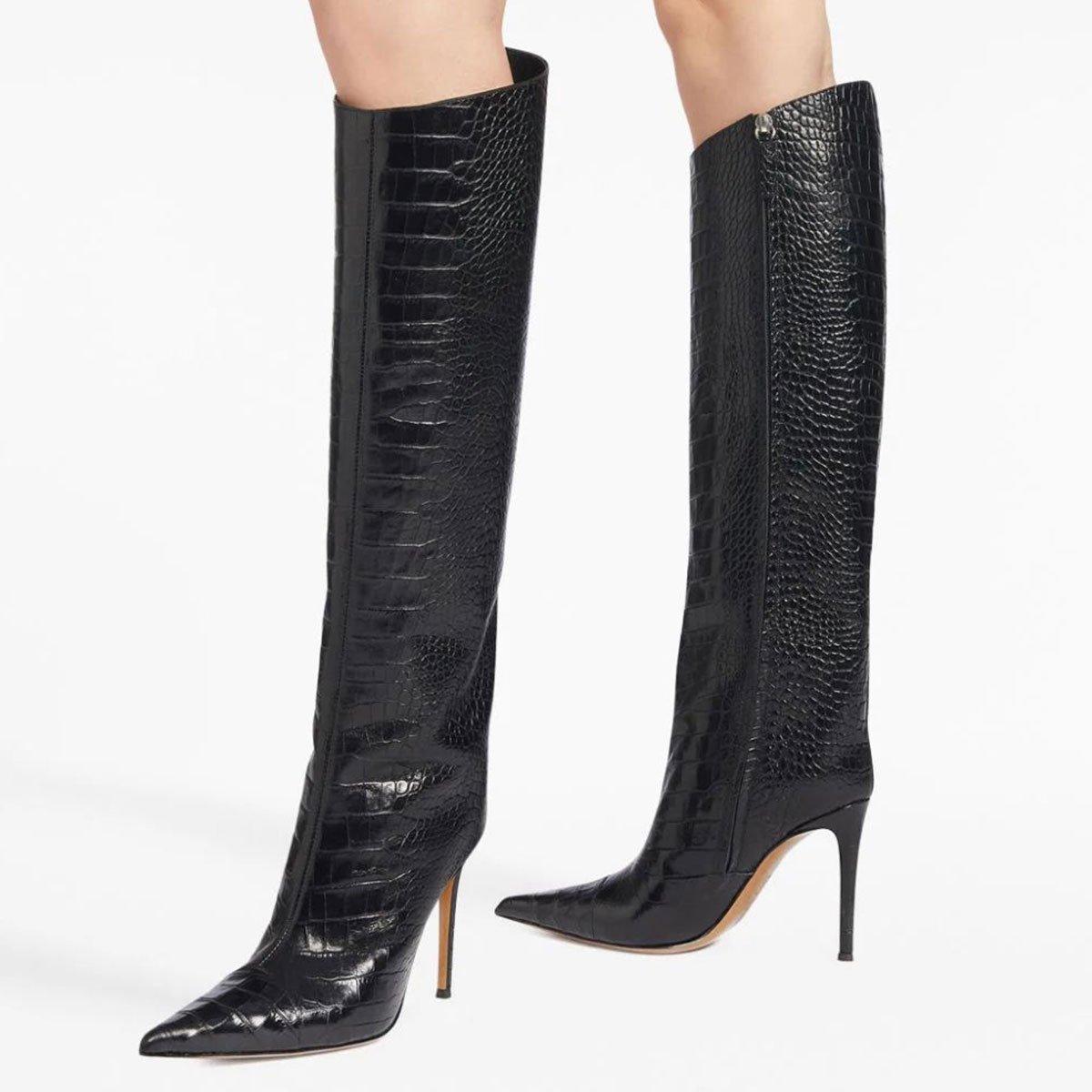 Black Croco Embossed Pointed Toe Stiletto Heel Tall Boots for Women Nicepairs