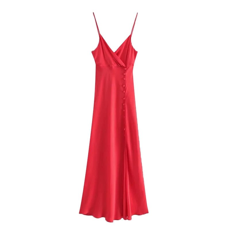 TRAF Women Chic Fashion With Buttons Front Slit Midi Camisole Dress Vintage Backless Thin Straps Female Dresses Mujer