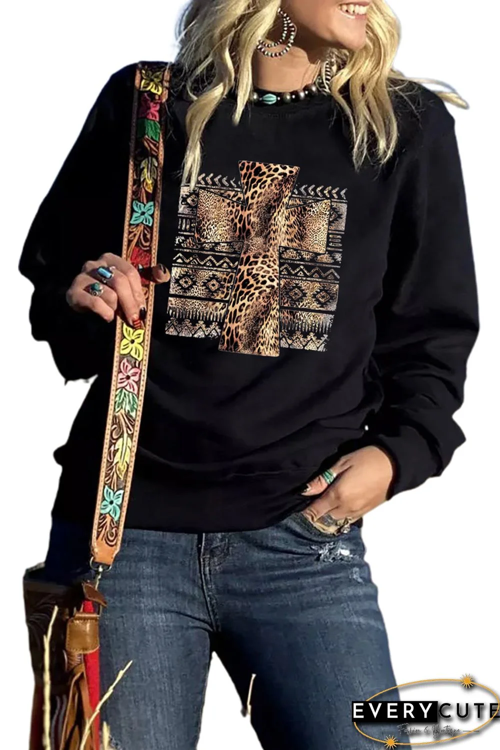 Black Leopard Cross Graphic Print Long Sleeve Sweatshirt