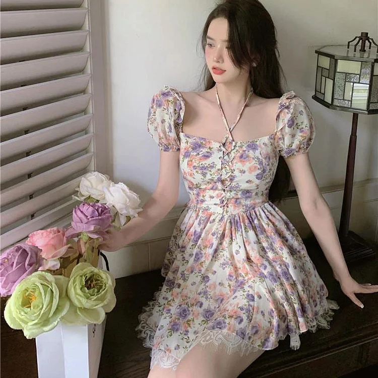 Sexy Square Collar Lace-up Floral Printed Chiffon Puff Sleeve Dress