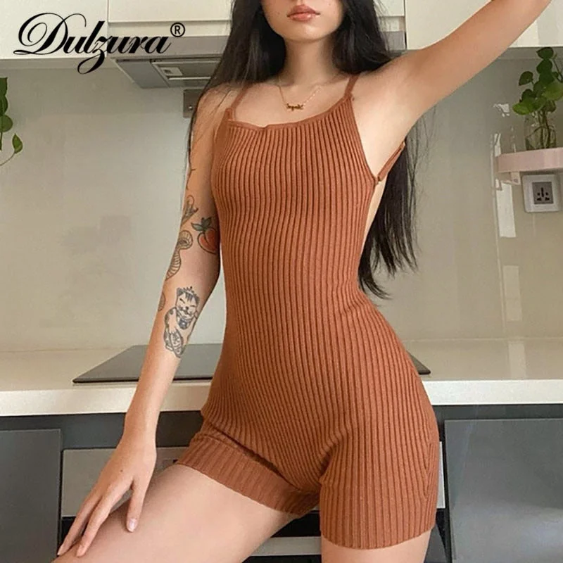 Dulzura Stripe Knitted Women Strap Playsuit Backless Bodycon Sexy Streetwear Party Club 2021 Summer Casual Rompers Combishort