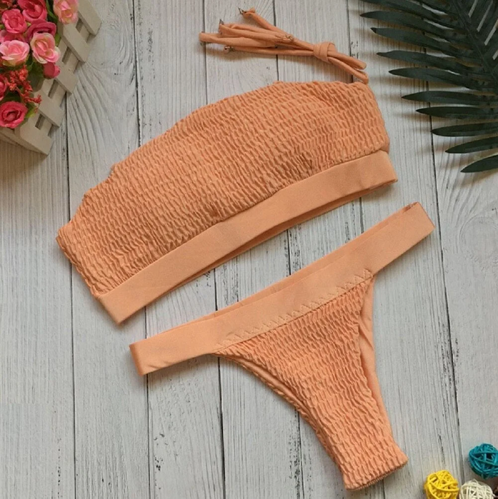 Summer Women's Strapless Push Up Padded Off Shoulder Bikini Set Swimsuit Swimwear Thong Bathing Suit