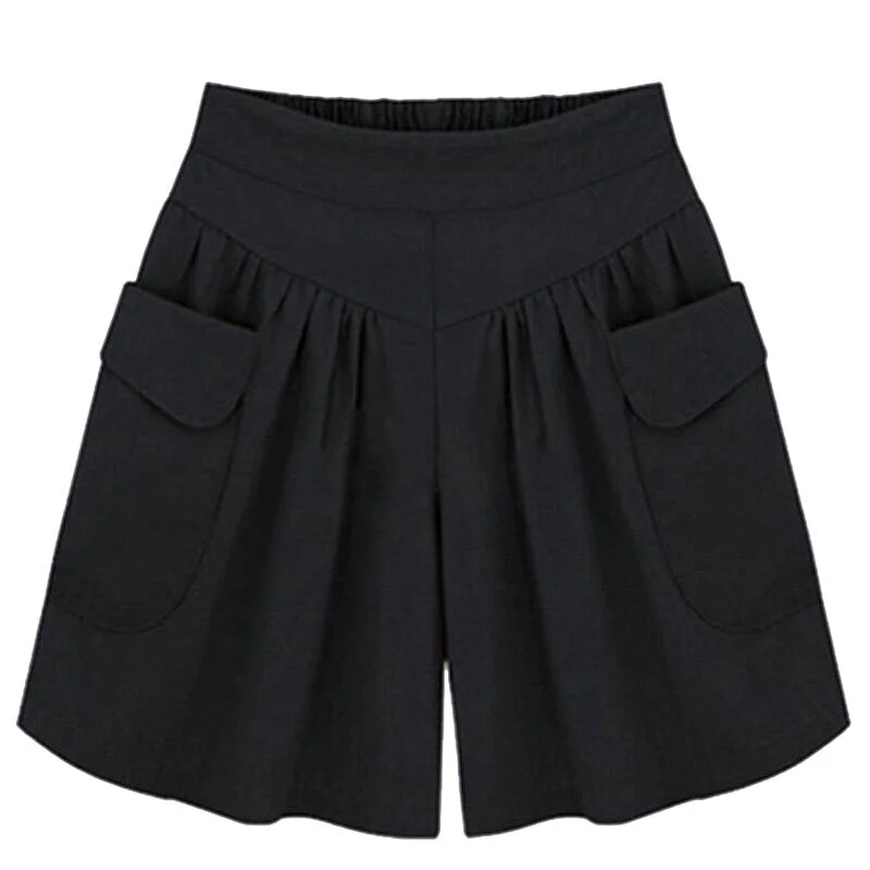 CUHAKCI Female Shorts Pockets Summer Women High Waist Wide Leg Black Loose Casual