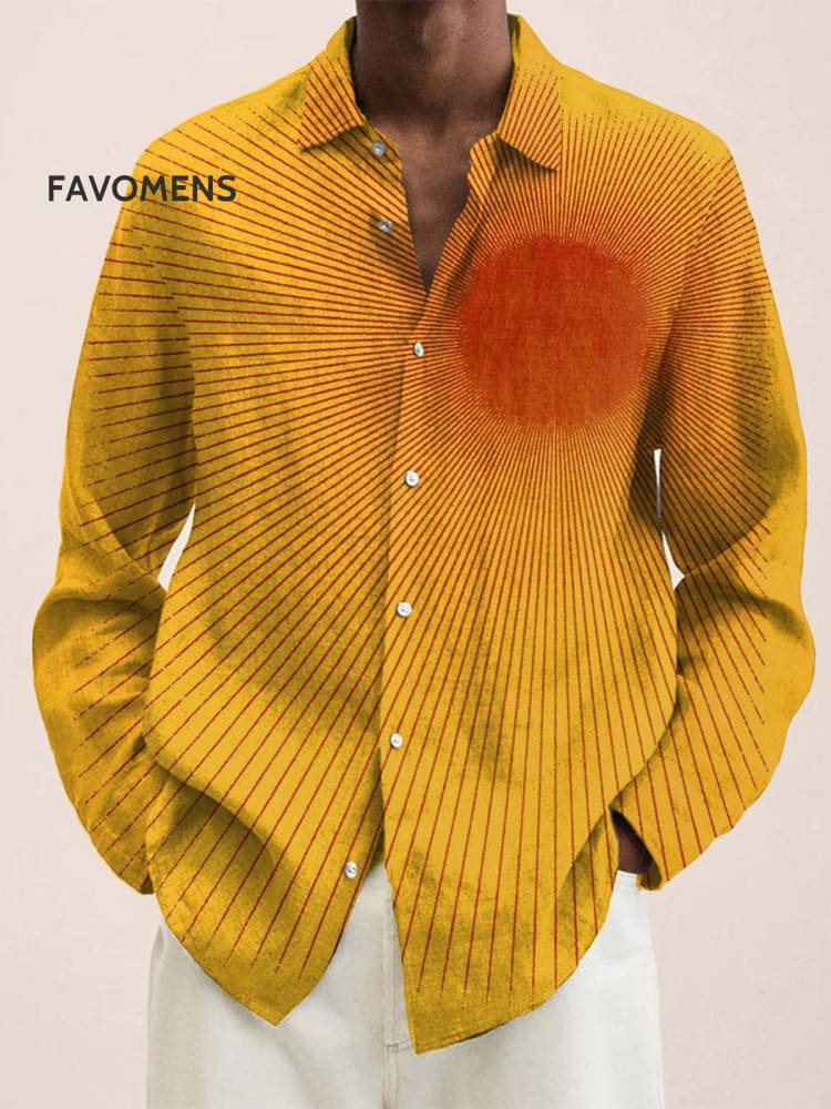 Vintage Simple Yellow Line Art Print 100% Cotton Long Sleeve Shirt / S