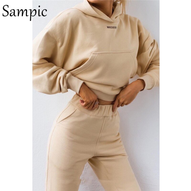 Sampic casual winter hoodie two piece set women tracksuit long sleeve print shirt tops and pants two piece set outfits 2020