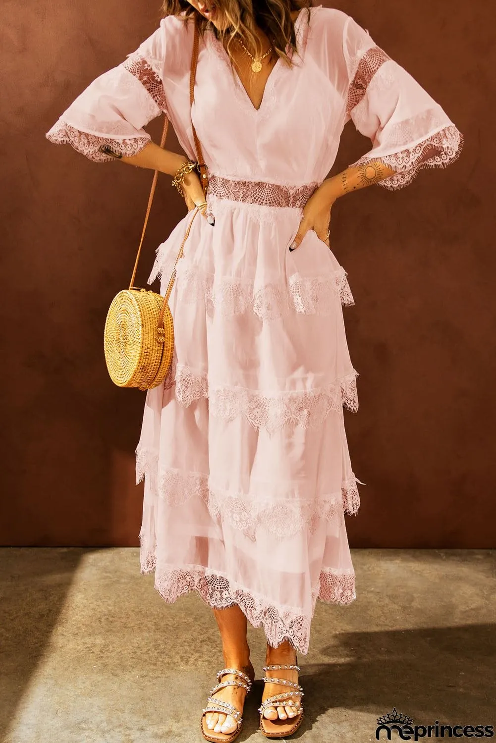 Pink Lace Patch Layered Long Dress