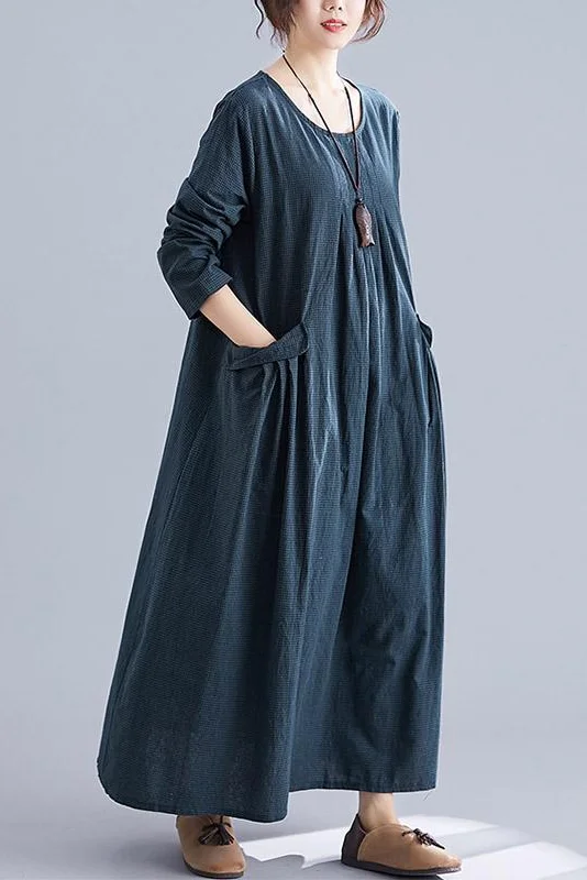 Plus Size-Striped Cotton Linen Long Dress