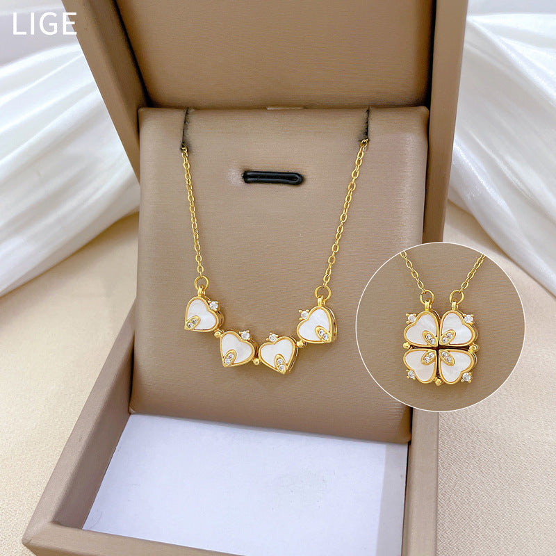 Women’S Necklace Two-Piece Heart-To-Heart Opening And Closing Four-Leaf Flower Full Diamond All-Match Clavicle Chain Titanium Steel