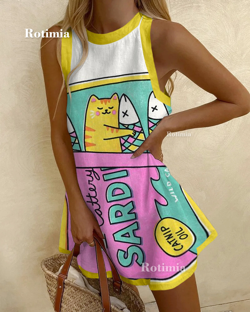 Cat And Fish Embrace Printed Sleeveless Mini Dress