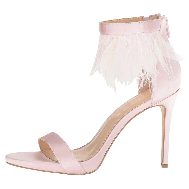 Light Pink Satin Wedding Heels Faux Feather Ankle Strap Sandals |FSJ Shoes