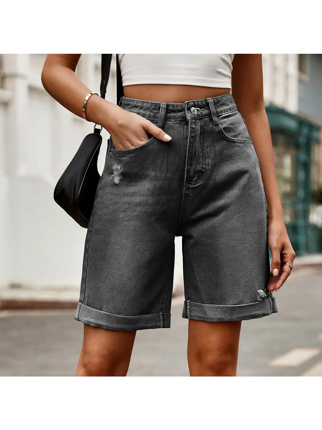 Comfortable Ripped Rolled Hem Five-Point Denim Shorts | Casual Trendy Style New Women's Clothing, Personalized And Fashionable, Summer Essential | IFYHOME