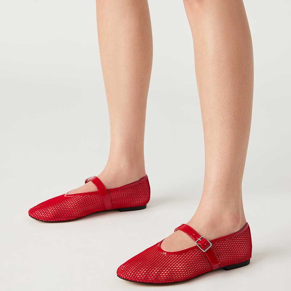 Red Fishnet Round Toe Flat Buckle Comfy Ballet Shoes Nicepairs