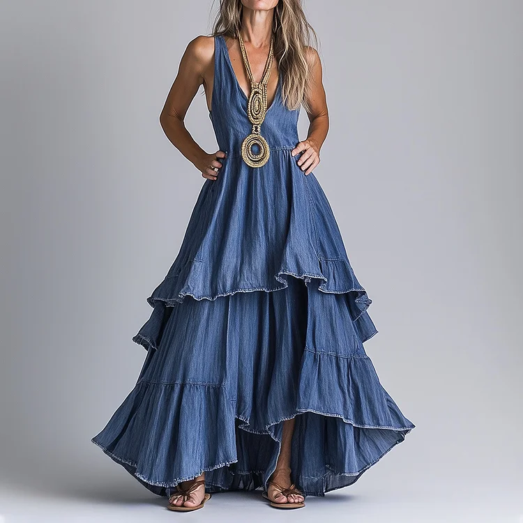 Ursime Denim Deep V Neck Sleeveless Tiered Maxi Dress