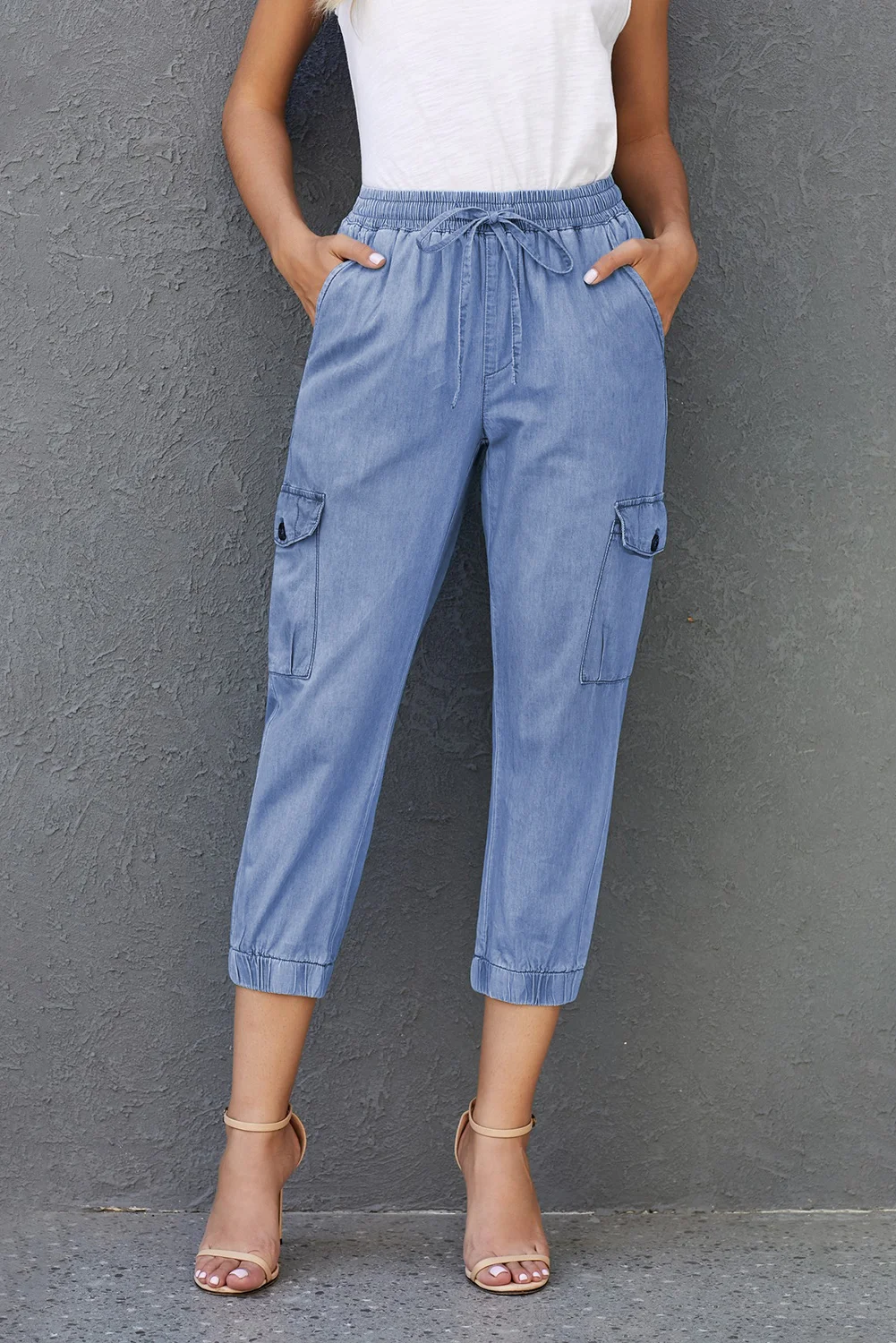 Sky Blue Drawstring Cargo Pocketed Joggers | IFYHOME