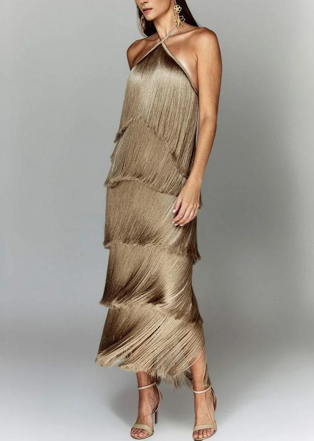 Fashion Camel Tassel Backless Halter Long Dress Summer