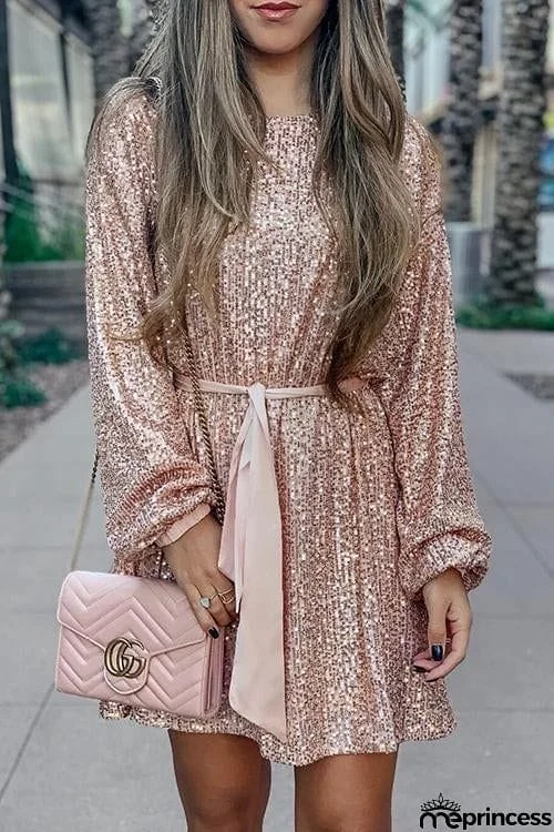 Sequin Belted Long Sleeve Mini Dress