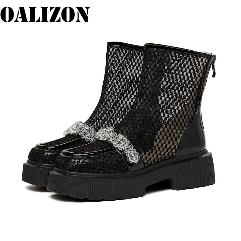Women's Lady Summer 2021 New Mesh Air Hollow Out Breathable Zipper Chains Sandal Boots Shoes Woman Block Heels Cool Boots Shoes