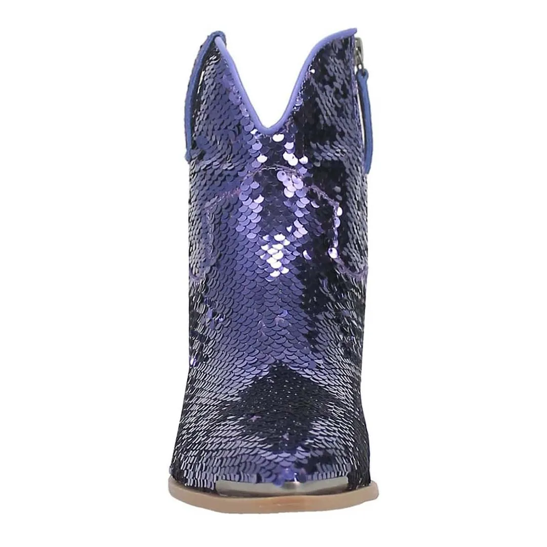 Purple Pointed Toe Side Zipper Short Western Boots with Sequin